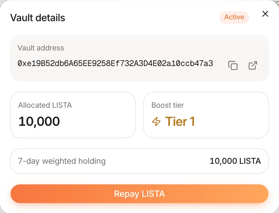 Vault details drawer: vault address, Allocated LISTA 10,000, Boost tier Tier 1, 7-day weighted holding 10,000 LISTA, and a Repay LISTA button