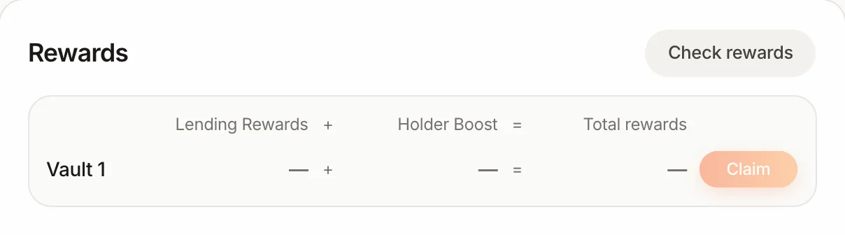 Rewards card before checking: Check rewards button and a Vault 1 row with Lending Rewards, Holder Boost and Total rewards still blank, and a Claim button
