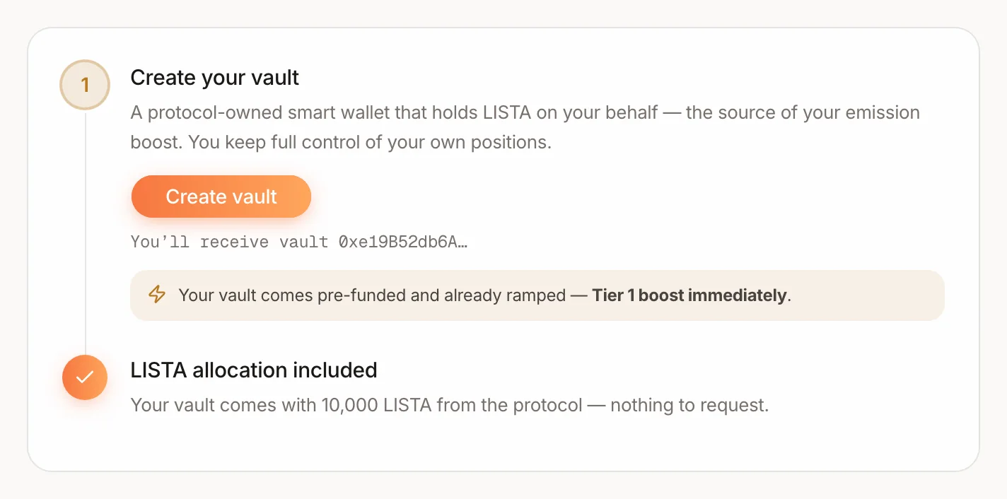 Dashboard setup guide: Create your vault, with the Create vault button and the note You’ll receive vault 0x… Tier 1 boost immediately