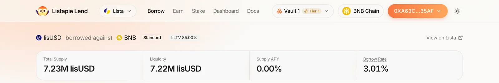 The same lisUSD / BNB market with Vault 1 selected; the stats row has no My position or Health tiles