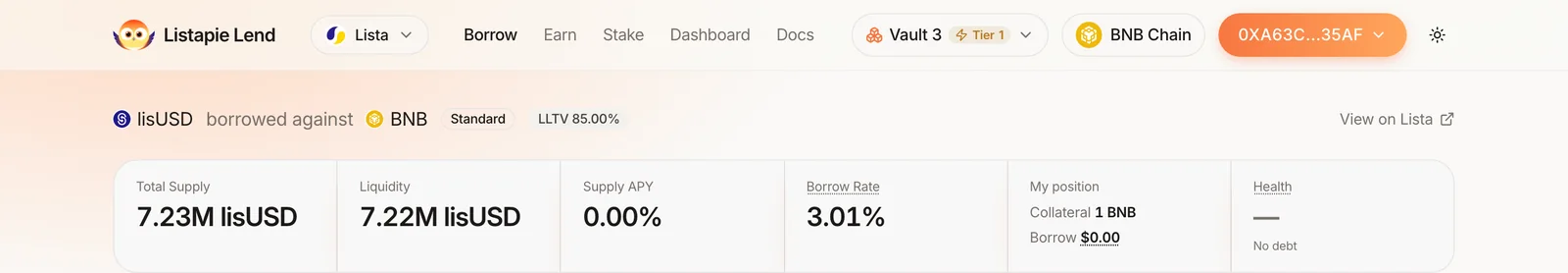 lisUSD / BNB market with Vault 3 selected; the stats row shows My position: Collateral 1 BNB, Borrow $0.00, and Health: No debt