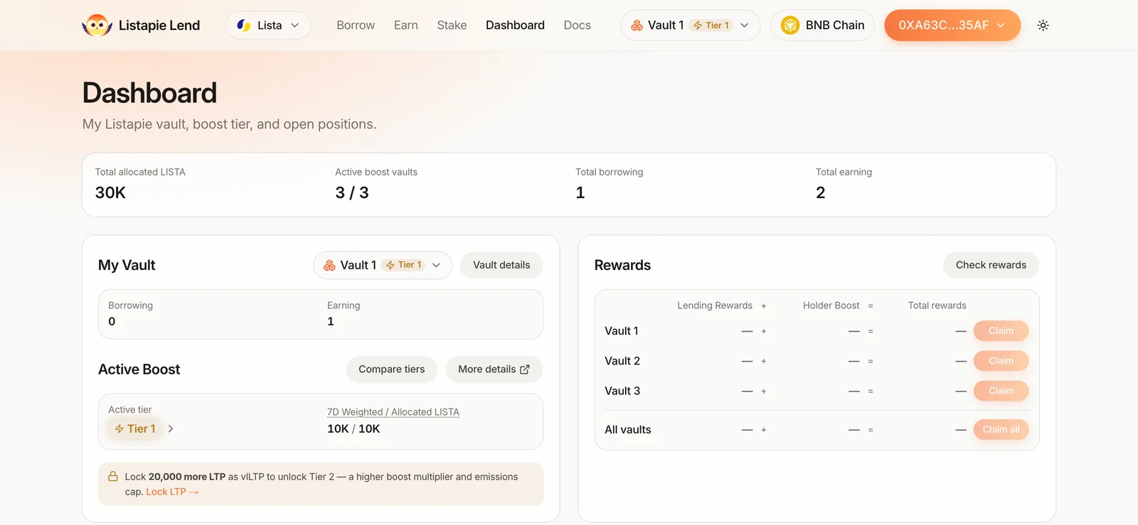 Dashboard with Vault 1 selected: an overview row for all vaults, the My Vault card with its own vault menu, and a Rewards card listing Vault 1, Vault 2, Vault 3 and All vaults