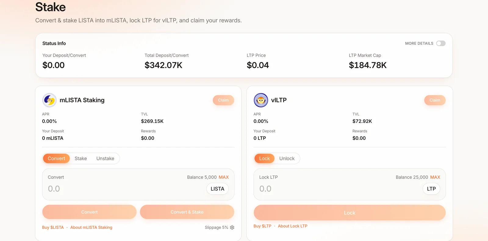 Stake page: Status Info with your and total deposit, LTP price and market cap; the mLISTA Staking card with Convert, Stake and Unstake tabs; the vlLTP card with Lock and Unlock tabs