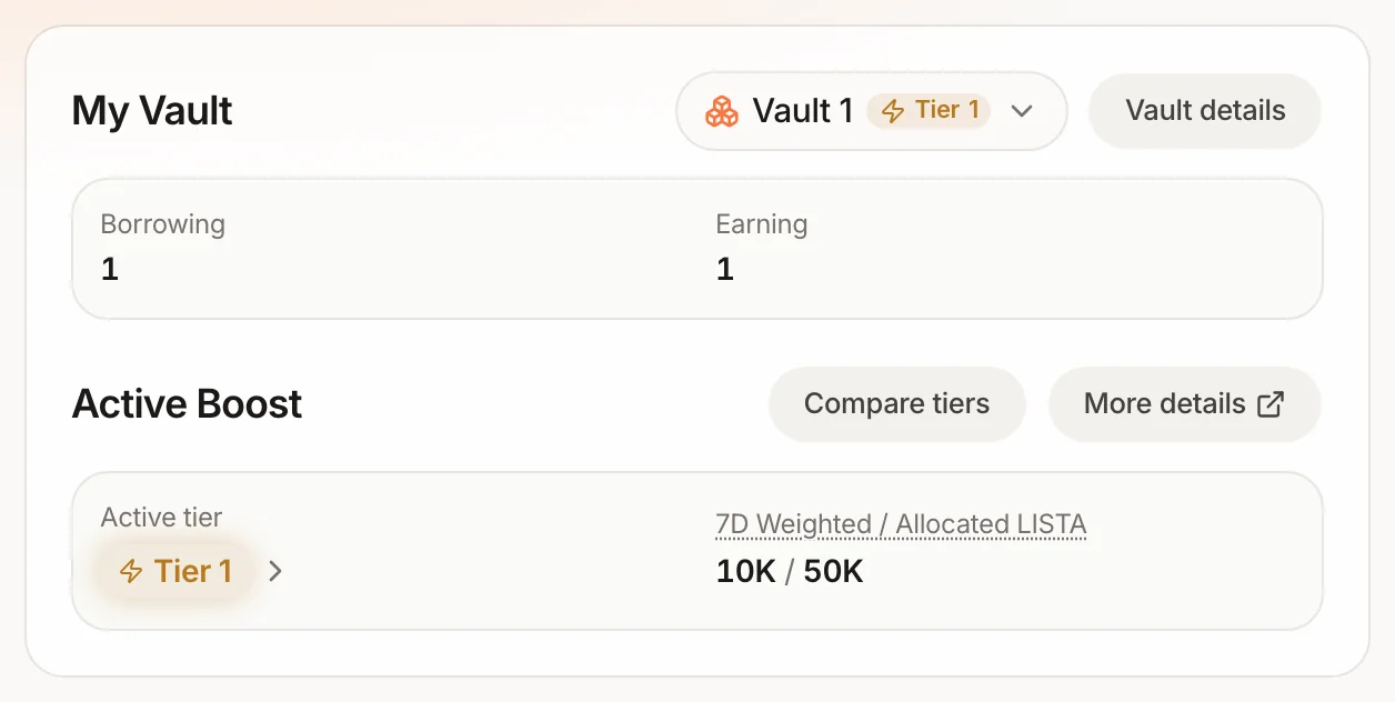 My Vault after requesting Tier 2: Active tier still Tier 1, 7D Weighted / Allocated LISTA 10K / 50K