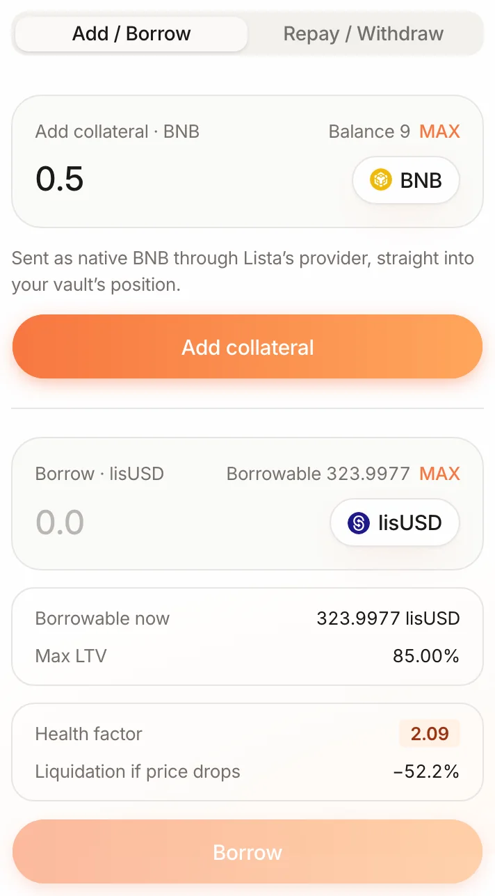 Add / Borrow panel of the lisUSD / BNB market: 0.5 BNB entered under Add collateral, sent as native BNB, with the Add collateral button; below, the Borrow section, Borrowable now, Max LTV 85% and Health factor 2.09