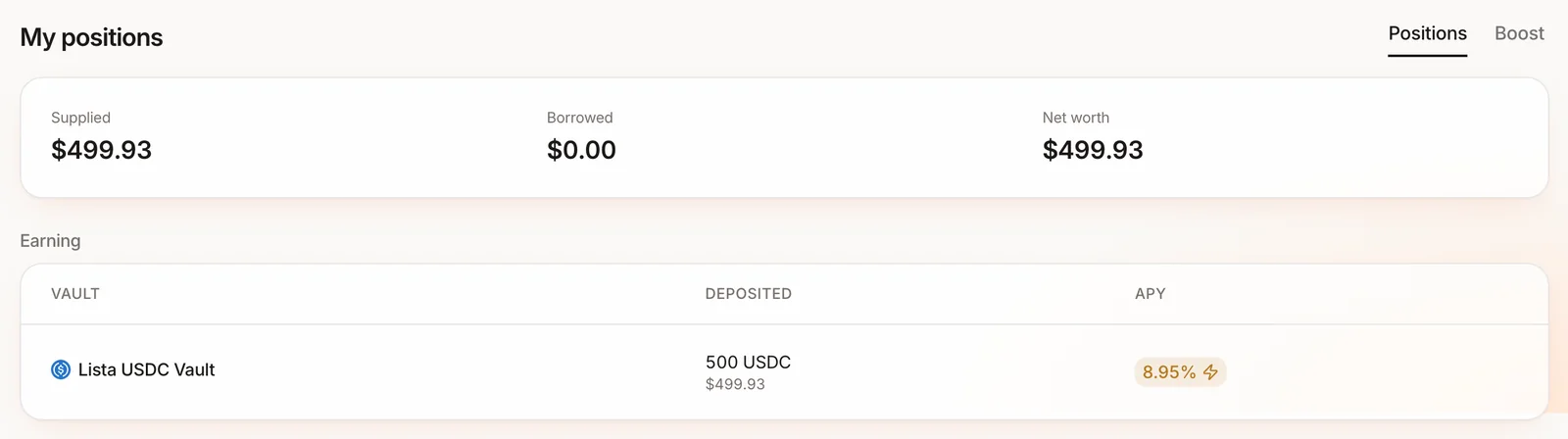 Dashboard My positions after the deposit: Supplied $499.93, Borrowed $0.00, and an Earning row for the Lista USDC Vault with 500 USDC deposited