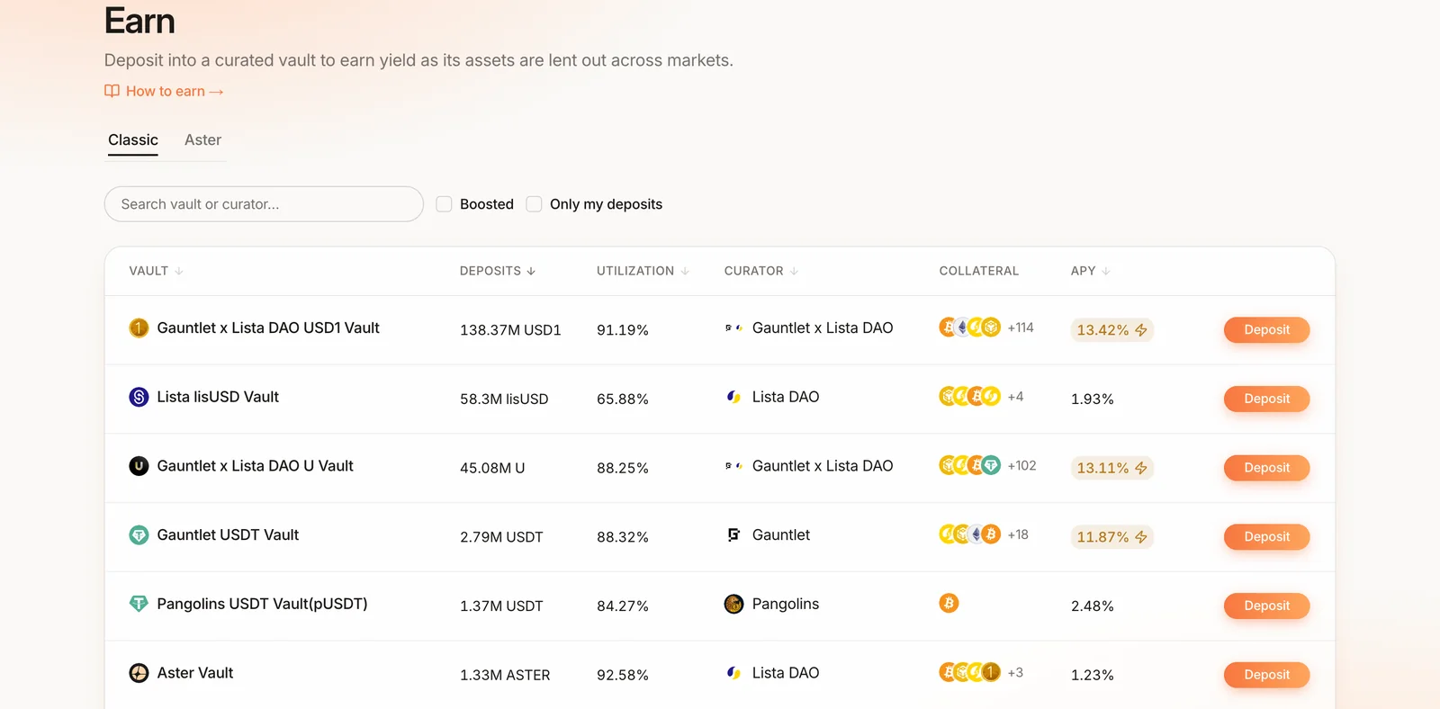 Earn page: Classic and Aster tabs, a search box, Boosted and Only my deposits filters, and a table of curated vaults with deposits, utilization, curator, collateral, APY and a Deposit button