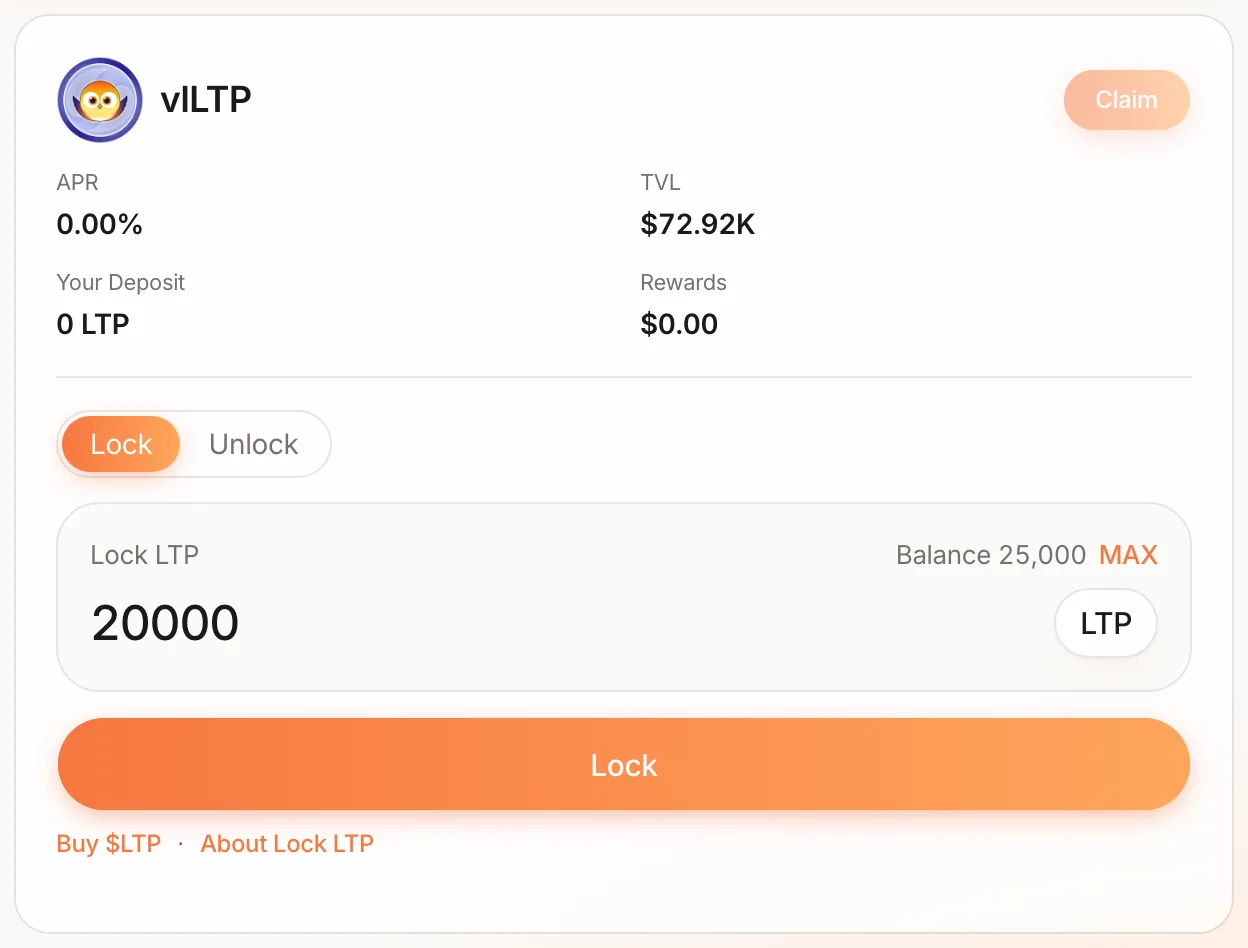 vlLTP card Lock tab: 20,000 LTP entered with balance 25,000, and the Lock button