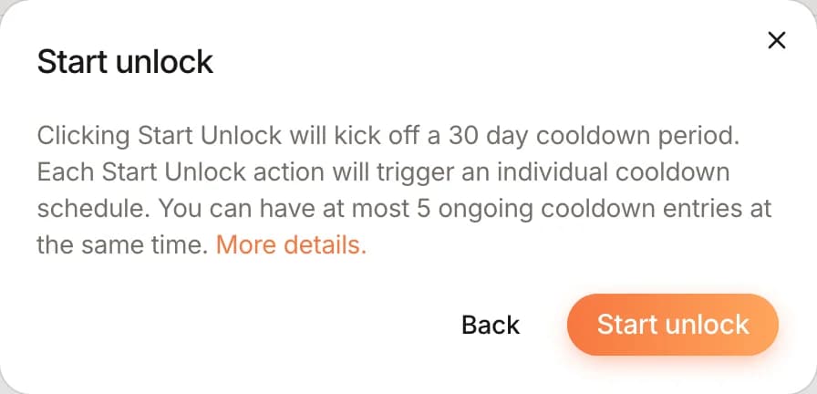 Start unlock confirmation: a 30-day cooldown per unlock, at most 5 ongoing, with Back and Start unlock buttons