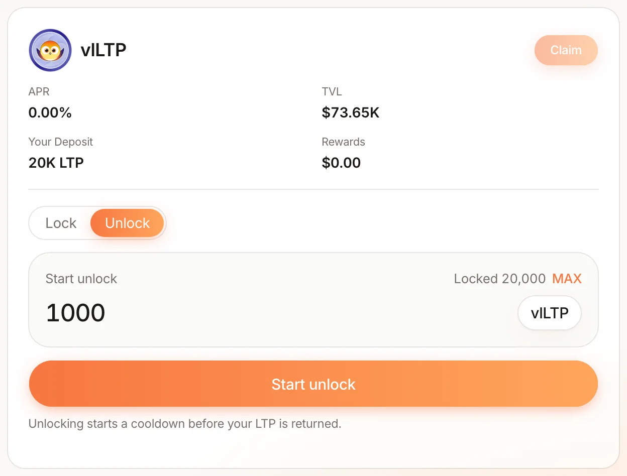 vlLTP card Unlock tab: Start unlock with 1,000 vlLTP entered out of 20,000 locked, and the Start unlock button
